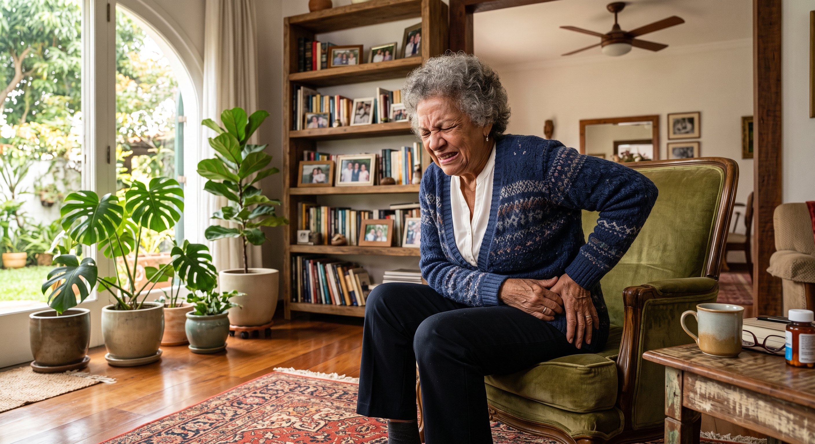 Uma mulher idosa negra, de cabelo grisalho curto, sentada em uma poltrona de veludo verde, segurando o quadril direito com as duas mãos e com uma expressão de dor intensa. Ela está em uma sala de estar aconchegante, com uma grande estante de madeira cheia atrás dela, várias plantas em vasos e uma porta de vidro que dá para um jardim tropical exuberante e ensolarado à esquerda.
