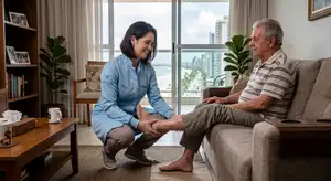Fisioterapeuta da Fisiome, Mary Oliveira, vestindo jaleco azul-claro, realiza um atendimento domiciliar de reabilitação pós-fratura em Boa Viagem, Recife. Ela auxilia com cuidado e precisão o ganho de mobilidade na perna de um paciente sentado confortavelmente no sofá de sua casa. 