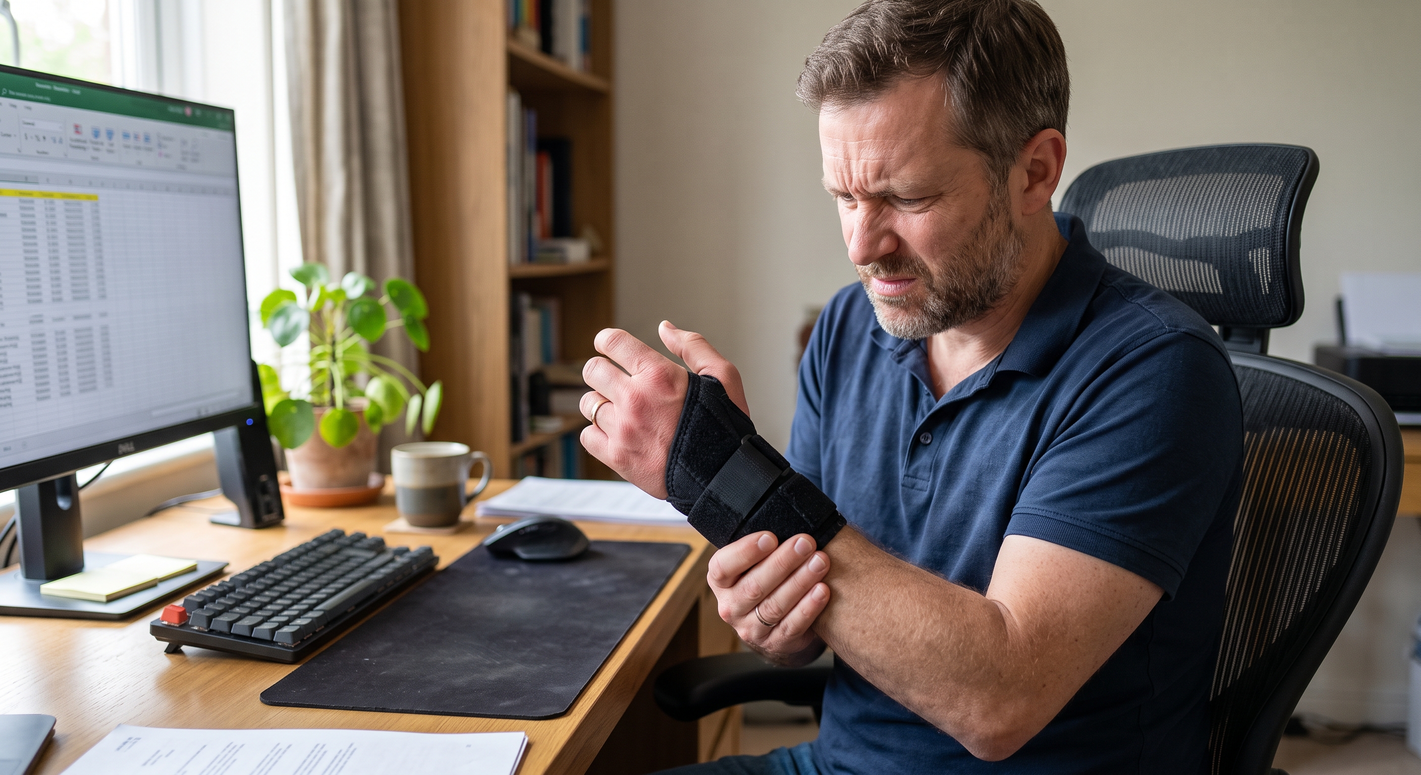 Fotografia de um homem de meia-idade em seu escritório doméstico, com expressão de desconforto, olhando e segurando seu pulso direito imobilizado por uma órtese preta. A mesa tem um monitor de computador com planilha aberta, teclado e planta.