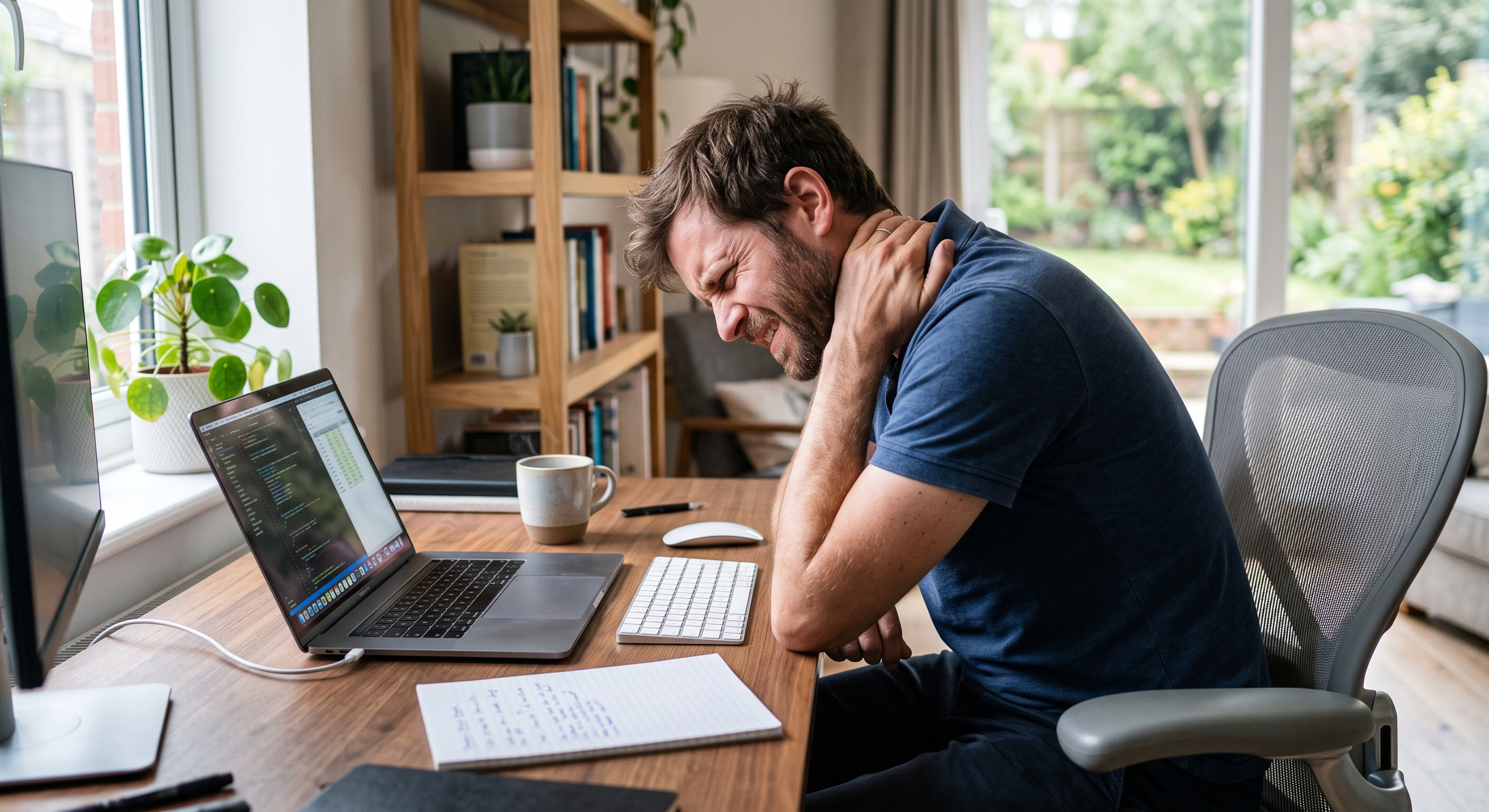 Fotografia de um homem de meia-idade com barba, sentado em uma mesa de madeira em seu escritório doméstico, com expressão de dor no rosto enquanto segura o pescoço e a nuca. Ele está cercado por um laptop com código, monitor externo, teclado e papelada. Ao fundo, uma grande janela dá para um jardim verde e há uma estante de livros.