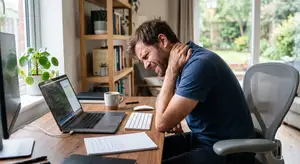 Fotografia de um homem de meia-idade com barba, sentado em uma mesa de madeira em seu escritório doméstico, com expressão de dor no rosto enquanto segura o pescoço e a nuca. Ele está cercado por um laptop com código, monitor externo, teclado e papelada. Ao fundo, uma grande janela dá para um jardim verde e há uma estante de livros.