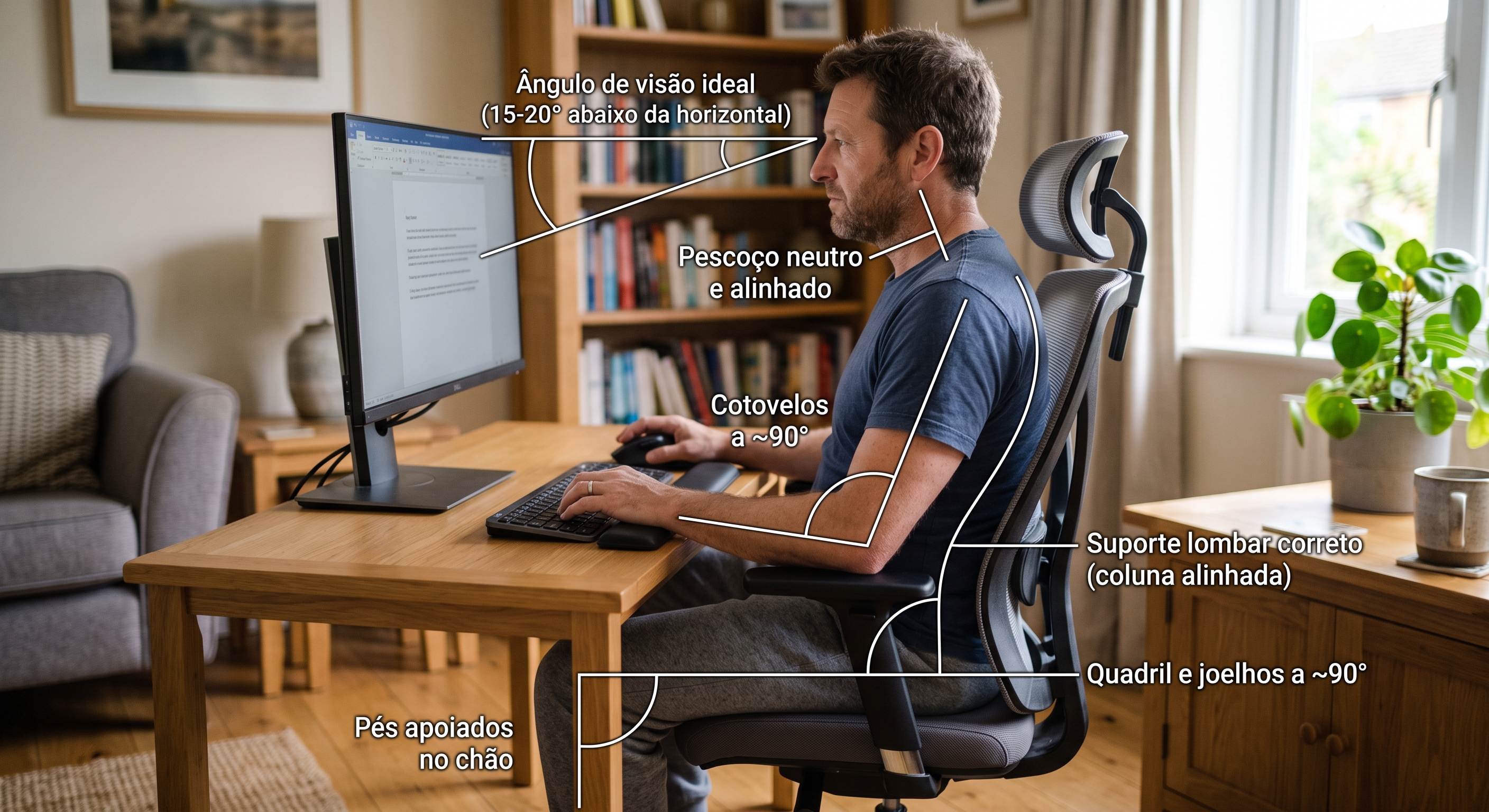 Uma fotografia de um homem sentado de perfil em uma cadeira de escritório ergonômica, demonstrando a postura correta em uma estação de trabalho de computador. A imagem serve como um guia de ergonomia, com diversas linhas de chamada brancas e texto em português anotando diretrizes específicas.