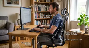 Uma fotografia de um homem sentado de perfil em uma cadeira de escritório ergonômica, demonstrando a postura correta em uma estação de trabalho de computador. A imagem serve como um guia de ergonomia, com diversas linhas de chamada brancas e texto em português anotando diretrizes específicas.
