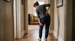 Fotografia realista de uma pessoa vista de costas em um corredor residencial, demonstrando dor física. Ela está levemente inclinada para a frente, com uma das mãos apoiada na região lombar e a outra segurando a parte de trás da coxa.
