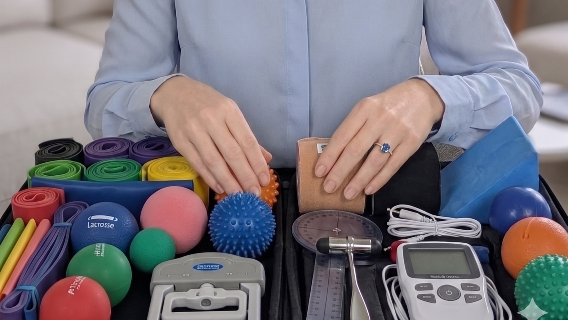 Uma vista aproximada das mãos de uma terapeuta com um anel de pedra azul organizando um estojo aberto e repleto de equipamentos profissionais de fisioterapia. O kit inclui faixas elásticas coloridas, bolas de massagem (lisas, texturizadas e de Lacrosse), fita atlética, um goniômetro para medir amplitude de movimento, um martelo de reflexo, um dinamômetro de mão, um dispositivo de eletroestimulação e blocos de espuma. Esta ampla gama de ferramentas demonstra a capacidade da clínica Fisiome de fornecer tratamentos personalizados e eficazes.
